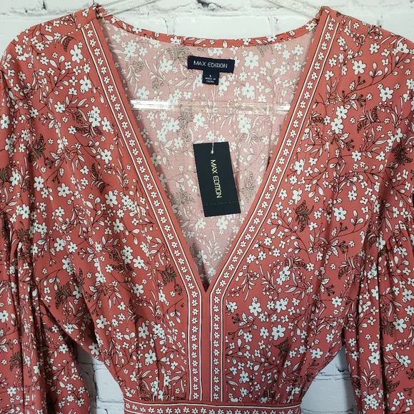 MAX STUDIO Pouffy 3/4 Sleeve Empire Tie Waist Earth Tone Blouse--NWT--L - Picture 6 of 11